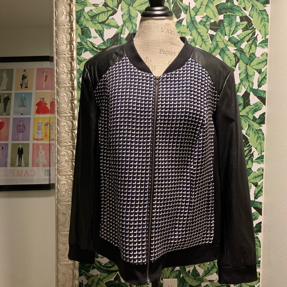 Navy white and black pleather bomber